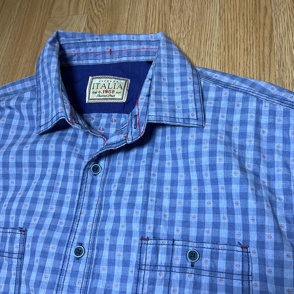 Vintage Italia Mens XL Blue Gingham Check Cotton Long Sleeve Button Down Shirt